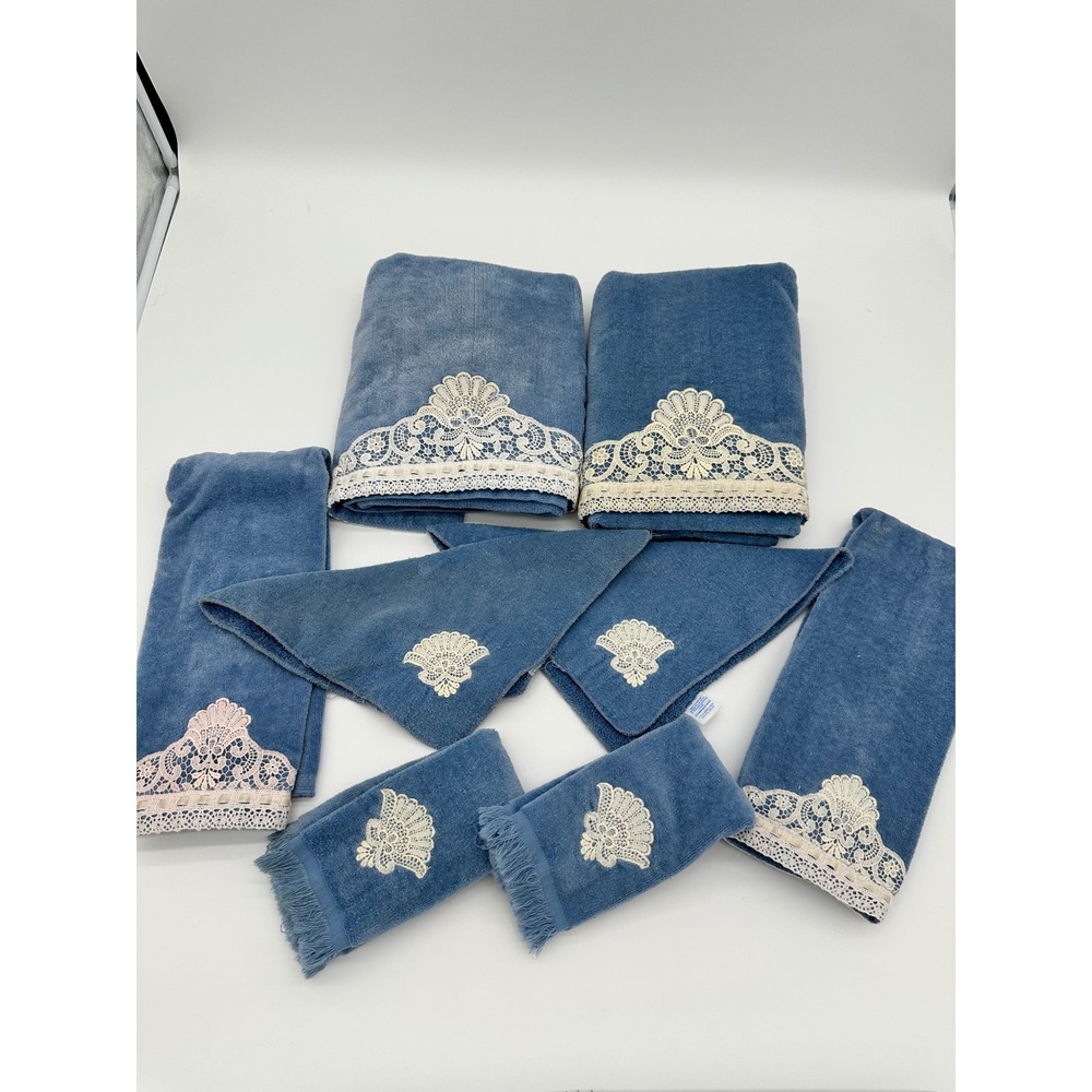 Burlington Towel‎ Set Vintage Lace Trim Cottagecore Blue 8 Piece Set